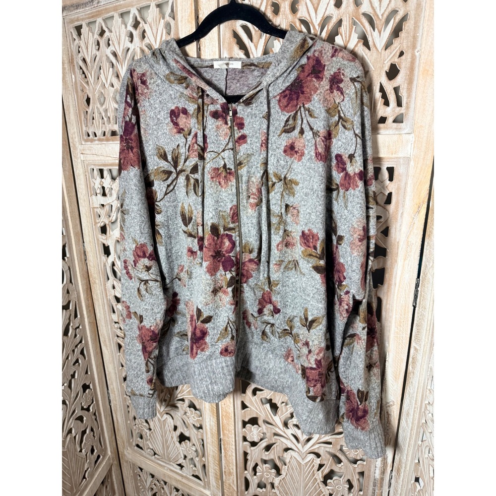 Maurices Gray Floral Zip Up Sweater Cardigan Hoodie Plus Size 4 Long Sleeve